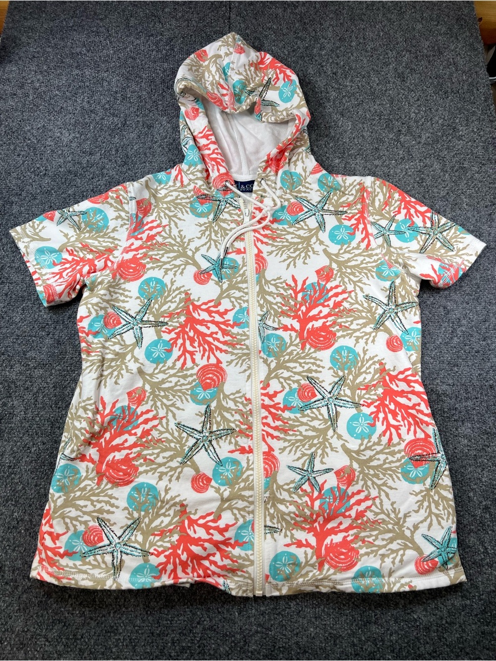 Coral & Starfish Print Hooded Zip Cover-Up C87